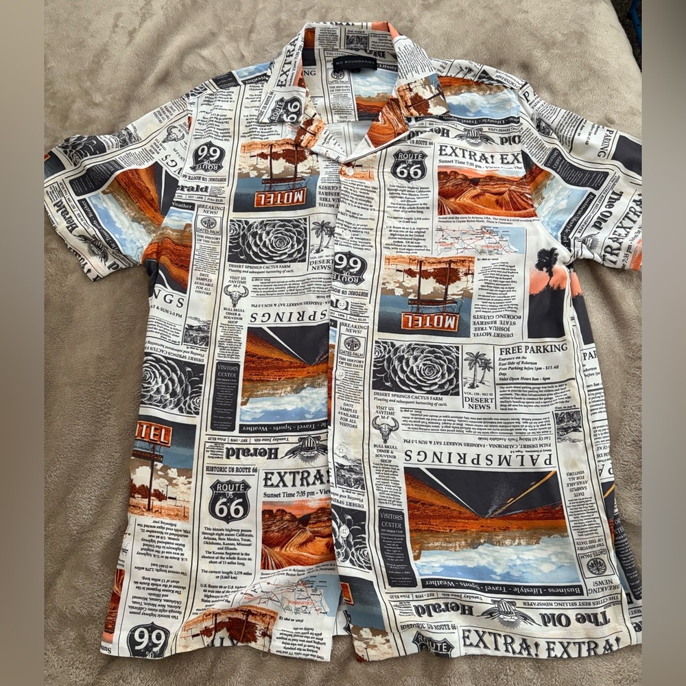 No Boundaries newspaper print button-up shirt in multi-colored hues